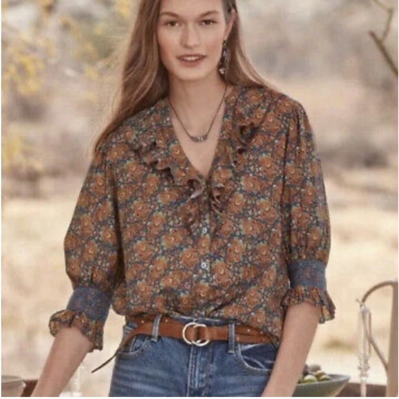 Sundance Jeanie Ruffle Floral Blouse with Short Puff Sleeve  Cotton Size P/S - Picture 1 of 9